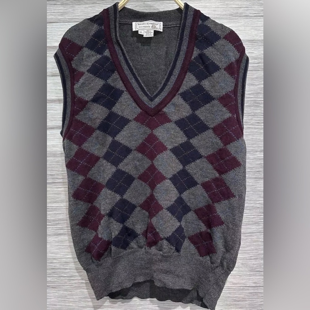 Tricots St. Raphael Vintage Sweater Vest Virgin Wool Argyle Mens XL